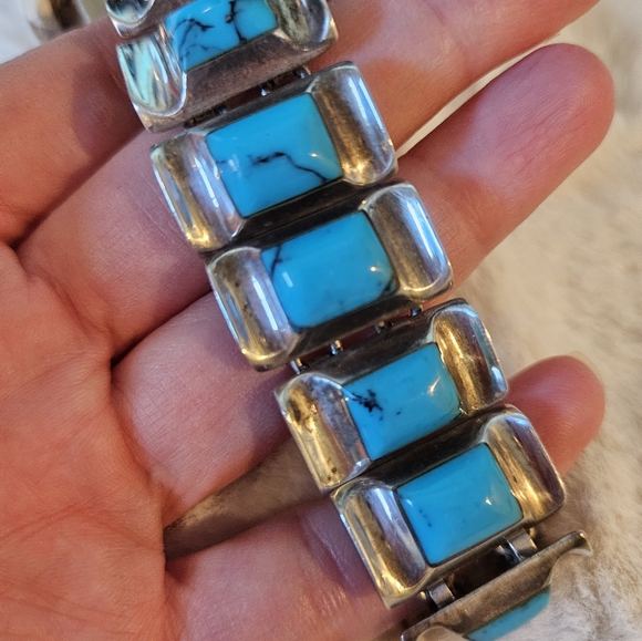 Reserved😍Amazing 950 Silver Taxco Turquoise (Block) Panel Bracelet - Picture 3 of 8